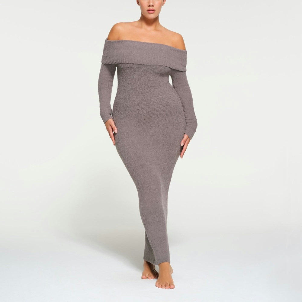 Skims Cozy Knit Offshoulder dress grey chalk